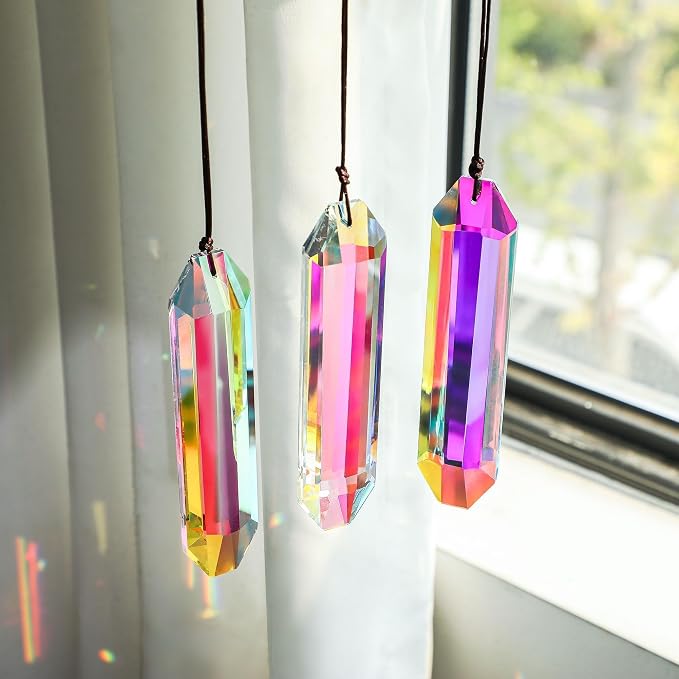 3 Pack 5" Large Crystal Prisms Suncatcher for Window AB Colored Sun Catcher | Indoor Window,Hanging Crystals,Rainbow Maker Prisms For Home Garden Christmas Tree Decor,with Hooks & Cord,Gift For Women
