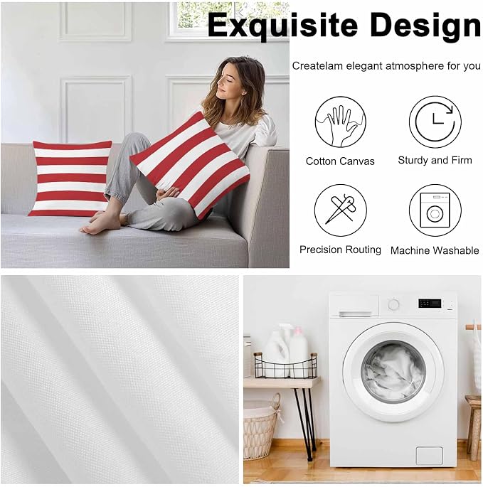 Outdoor Waterproof Throw Pillow Covers Set of 2 Red White Stripe Pillowcases 26x26 Inches Simple Style Striped Decorative Pillows Cushion Case Patio Pillows for Couch Bed Chair Garden
