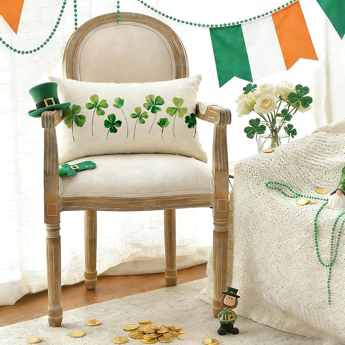 RABUSOFA St Patricks Day Clovers Pillow Covers 12x20 Inch Waterproof for Outside, Shamrock White Outdoor Farmhouse Indoor Spring Lumbar Cushion Cases Decoration for Sofa Couch (White, 12" x 20")