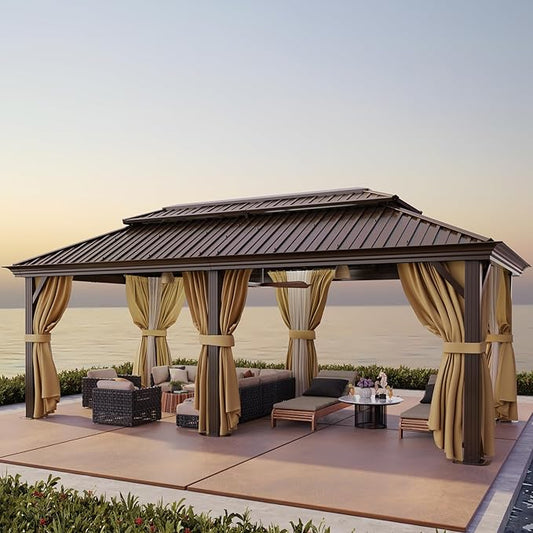 HOTEEL 12x20 Hardtop Gazebo with Metal Roof & Drainage System, Heavy Duty Galvanized Steel Gazebo with Reinforced Aluminum Frame, Privacy Curtains and Netting, for All-Weather, Brown (2026 Upgraded)