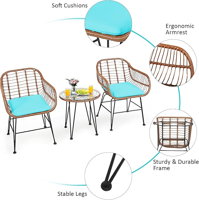 COSTWAY 3 Pieces Patio Bistro Set, Outdoor Rattan Conversation Seating Chair Set with Coffee Table & Soft Cushions, Indoor Wicker Furniture Set for Garden, Balcony, Porch, Pool, Turquoise