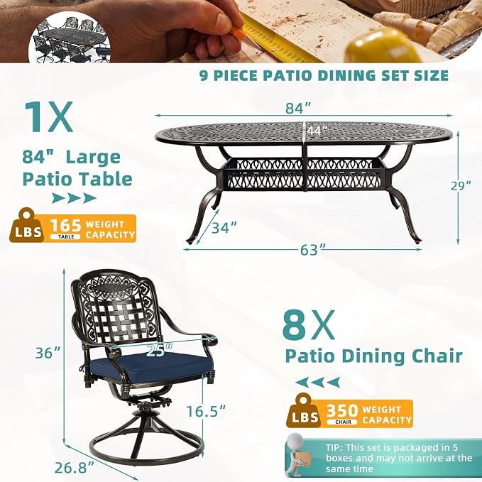 MEETWARM 9-Piece Outdoor Patio Dining Set, All-Weather Cast Aluminum Patio Conversation Set with 8 Cushioned Swivel Rocker Chairs for Backyard Garden Deck, 1 Oval Table, 2" Umbrella Hole, Navy Blue