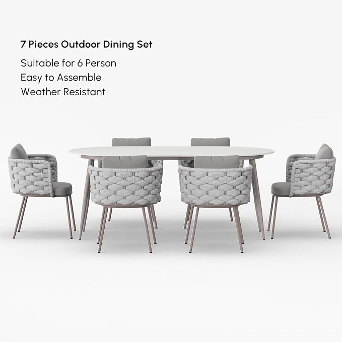 LOVEDIMA 70.9'' Patio Table and Chairs Set,7 Pieces Patio Furniture Set Outdoor Sintered Stone Top Dining Table Set with Rope Woven Armchairs for 6,Gray & White