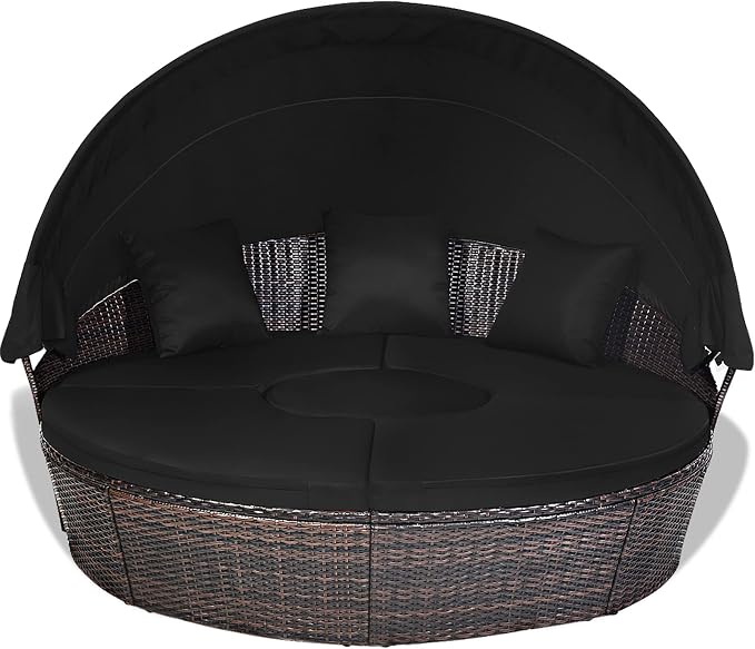 RELAX4LIFE Round Outdoor Daybed with Canopy, Rattan Wicker Sectional Sofa Set w/Cushions, Height Adjustable Table, Conversation Bed Lounger Separated Seating for Outside Pool, Patio Daybed (Black)