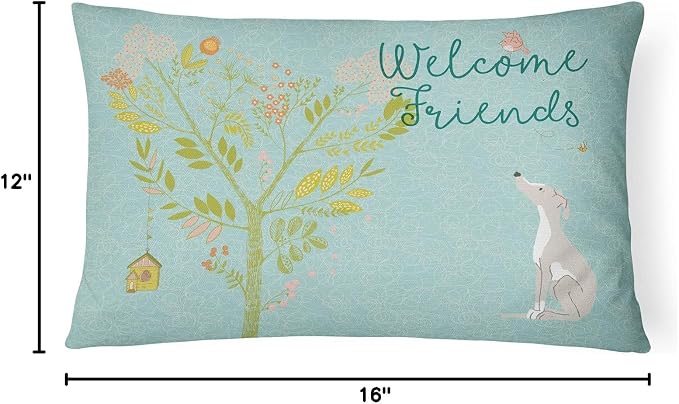 Caroline's Treasures BB7636PW1216 Welcome Friends Italian Greyhound Canvas Fabric Decorative Pillow Machine Washable, Indoor Outdoor Decorative Pillow for Couch, Bed or Patio, 12HX16W