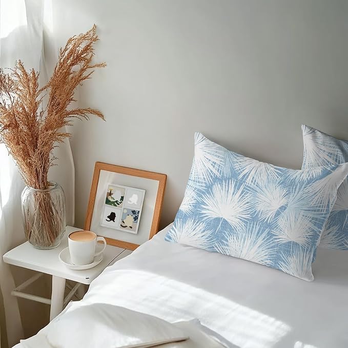 Lumbar Pillow Covers 20x12 Inch Set of 2, Sky Blue Palm Leaves Coastal Waterproof Outdoor Pillow Covers, Summer Tropical Botanical Decorative Cushion Pillowcases for Couch, Sofa, Bed, Garden, Patio