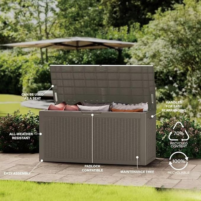 Outdoor Storage Box Waterproof, 150 Gallon Large Deck Box Lockable, Patio Storage Bin Resin for Pool Accessories Cushion Furniture, Garden Tools, UV-Resistant Outside Delivery Grey