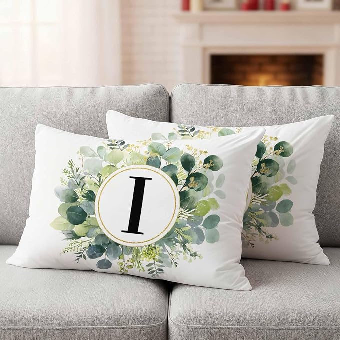 Letter I Waterproof Outdoor Pillow Covers Set of 2 Home Decor, Alphabet Green Eucalyptus Leaves Lumbar Pillowcase Patio Pillow Covers for Couch Bench Patio Furniture Garden 20x12in