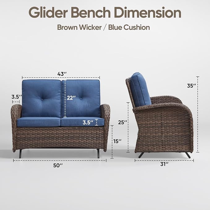 Patio Loveseat Wicker Loveseat Rattan Glider Sofa with Curved Armrest Thicking Back & Seat Cushions for Garden Balcony Backyard Brown Wicker|Blue Cushions (B) Patio Loveseat Glider