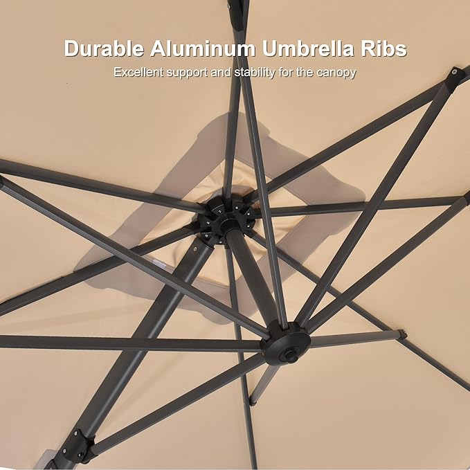 PURPLE LEAF 8' X 8' Patio Umbrella with Base for Pool 7' High Offset Outdoor Cantilever Umbrella Swimming Pool Umbrella with 360°Rotation for Poolside Beige
