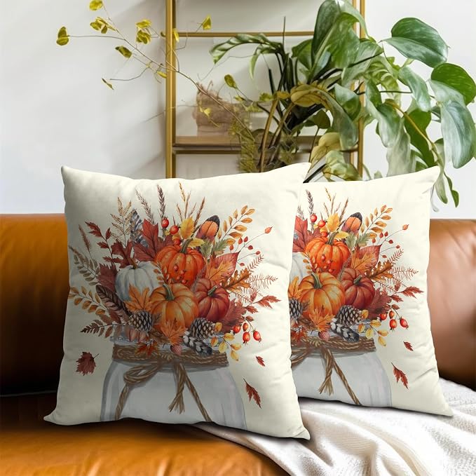 Autumn Pumpkin Throw Pillow Covers 22x22 Inch, Set of 2 Rustic Fall Orange Flowers Jar Square Pillowcases Soft Cotton Cushion Cover for Couch Bed Sofa Porch Seasonal Home Decor