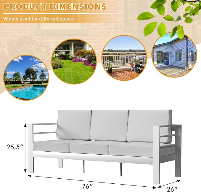 Aluminum Patio Furniture Set, 3-Seat Outdoor Furniture Set with 5 Inch Cushions, Patio Sets with Waterproof Covers for Backyard Garden(White)
