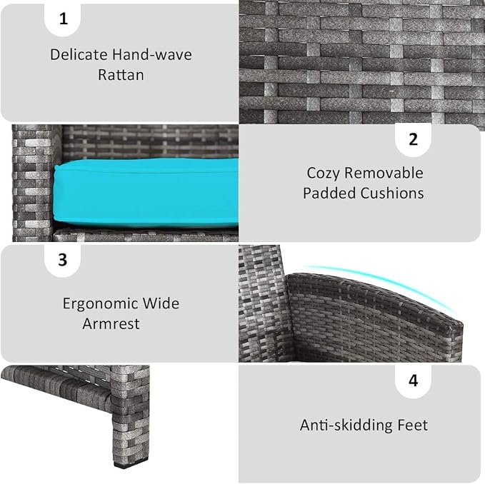 COSTZON HOMGX 4-Piece Patio Furniture Set, Outdoor PE Rattan Conversation Set w/Tempered Glass Table & Soft Cushions, Wicker Conversation for Sofa Porch, Poolside, Backyard (Turquoise)
