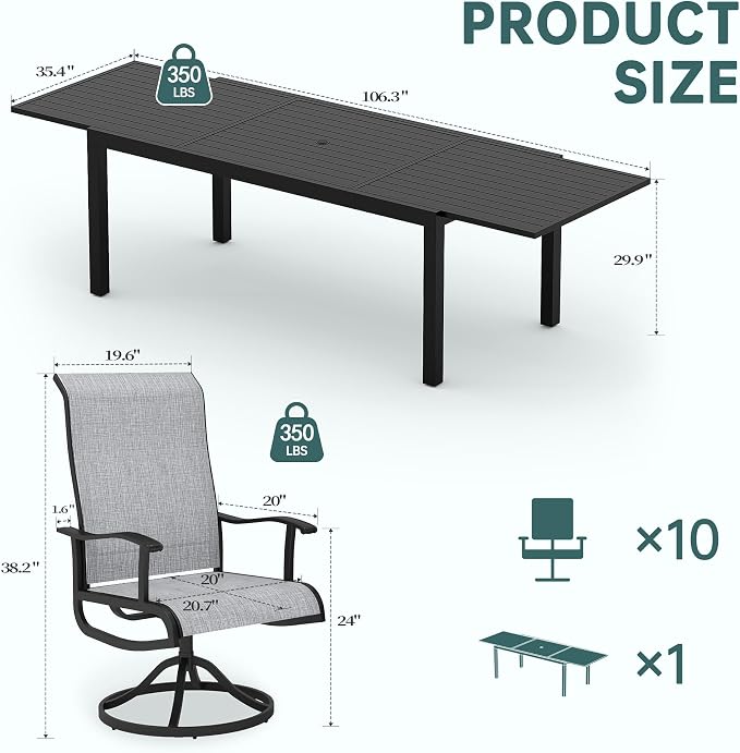 PIZZELLO 11 Pieces Patio Dining Set, 106" Extendable Aluminum Patio Dining Table w/ 10Pcs Textilene Swivel Patio Chairs, All-Weather Outdoor Table and Chairs Sets for Backyard, Garden and Deck