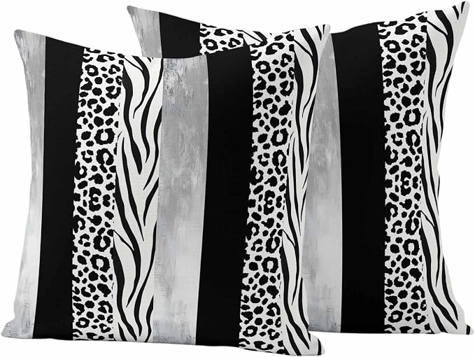 Outdoor Waterproof Pillow Covers for Patio Black Grey Leopard Zebra Stripes Decorative Throw Pillow Cover Abstract Texture Collage Pillowcases Set of 2 Cushion Case for Sofa Couch Chair 18x18 Inch