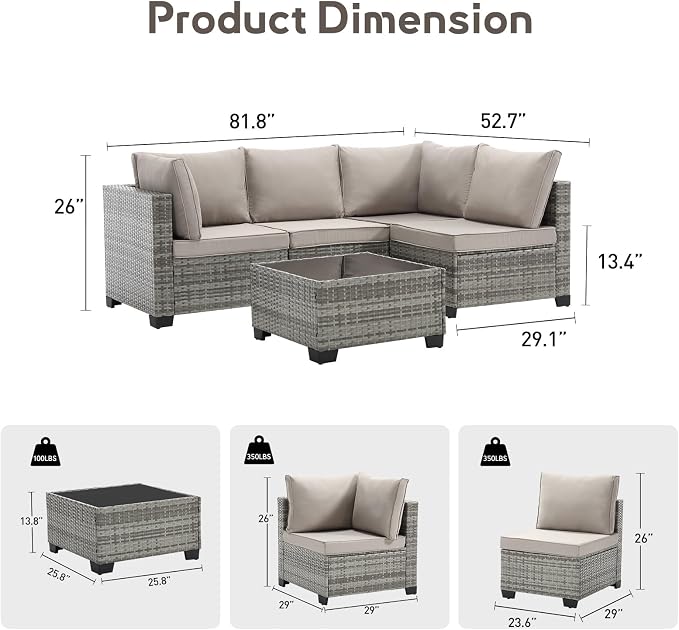 Bonzy Home 5 Pieces Outdoor Patio Furniture Set, PE Rattan Outdoor Sectional Furniture Sofa Set with Removable Cover and Glass Coffee Table, Patio Sofa for Balcony, Porch, Garden, (Grey-Grey
