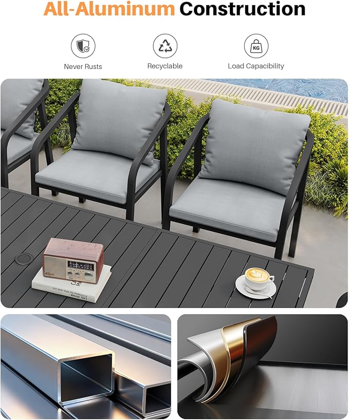 9-Piece Outdoor Dining Set for 8, Never-Rust Aluminum Patio Dining Set with 2 Swivel Chairs, Outdoor Table and Chairs with Removable Cushions, Patio Furniture Set for Deck, Garden, Lawn, Black