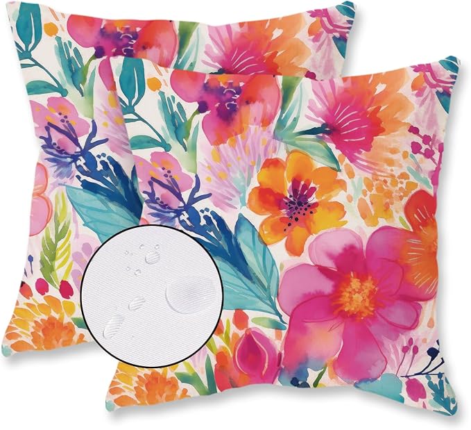 TAJWE Outdoor Pillow Covers 20x20 Inch Set of 2 White Floral Waterproof Throw Pillowcases Modern Farmhouse Decorative Square Cushion Cases for Patio Furniture Garden Bench Porch Decor