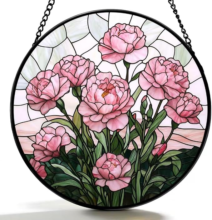 Stained Glass Window Hanging - Blooming Pink Peonies 6.3 Inches Suncatcher for Garden Home Decor for Women Mom Grandma Friends