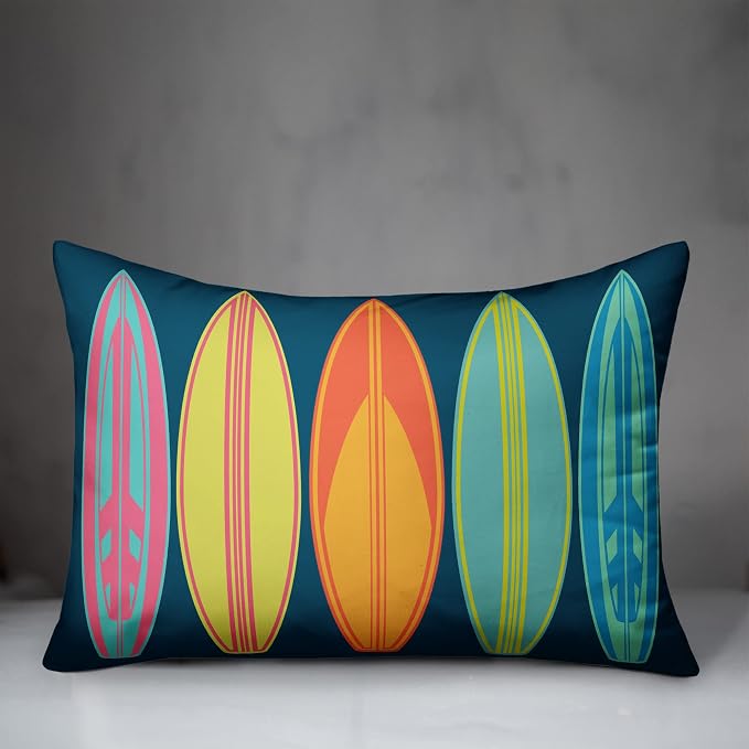 Surf Board Pattern Indoor/Outdoor Pillow | Decorative Pillows for Living Room Couch Bed Sofa Patio, Fluffy Soft Cushion | Water Resistant Blue, 14x20