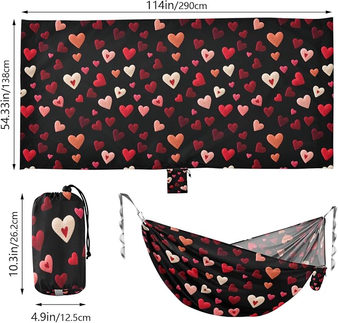 Camping Hammock Outdoor Hammocks for Outside Embroidery Hearts Beach Trees Portable Lightweight with Pockets Tree Straps Indoor