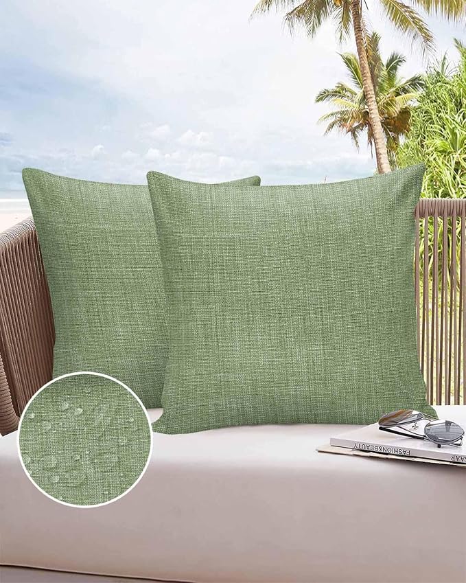 Vandarllin Outdoor Throw Pillows Covers 18x18 inch Set of 2 Waterproof Sage Green Linen Decorative Zippered Cushion Covers for Patio Furniture, Farmhouse Pure Color Lumbar Pillowcases