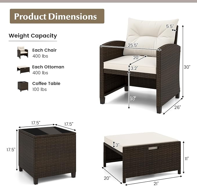 KOTEK 5 Pieces Patio Furniture Set with Ottomans, Wicker Patio Conversation Set with Coffee Table & Cushions, PE Rattan Outdoor Lounge Chairs for Backyard, Porch, Poolside (Mix Brown- Off White)