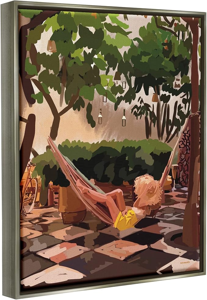 'Woman Lounging Hammock Tropical Summer'| Floating Frame Canvas Art | Stupell Industries | Gray, 25 x 31 Inches, Easy to Hang and Sturdy, Made in USA, by Amelia Noyes