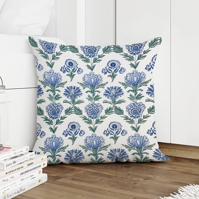 Throw Pillow Covers Mughal Flower Pillows Rustic Blue Lotus Floral Pillow Cover Accent Farmhouse Decor Pillow for Couch Sofa Patio 26x26 in