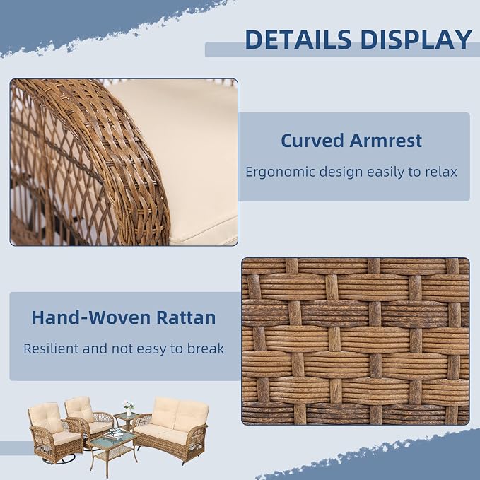 5-Piece Wicker Patio Furniture Sets Outdoor All-Weather Rattan Conversation Set Includes Glider Loveseat, 2 Glass-Top Coffee Tables, 2 Swivel Rocking Chairs with Thickened Cushions