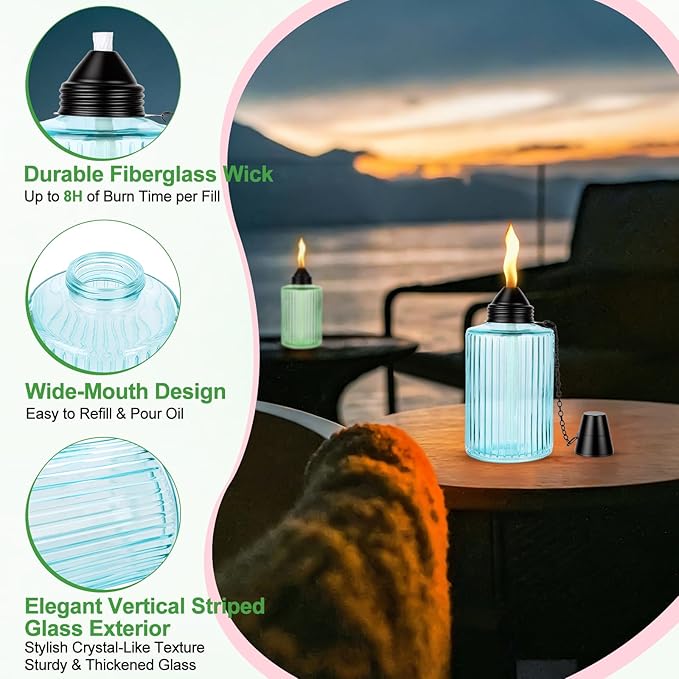 4 Pack Glass Table Top Torches, 12oz Citronella Outdoor Torches Flame Light Torch with Wick & Cap, Multicolor Refillable Flame Landscape Lanterns for Patio Yard Garden Party Decor
