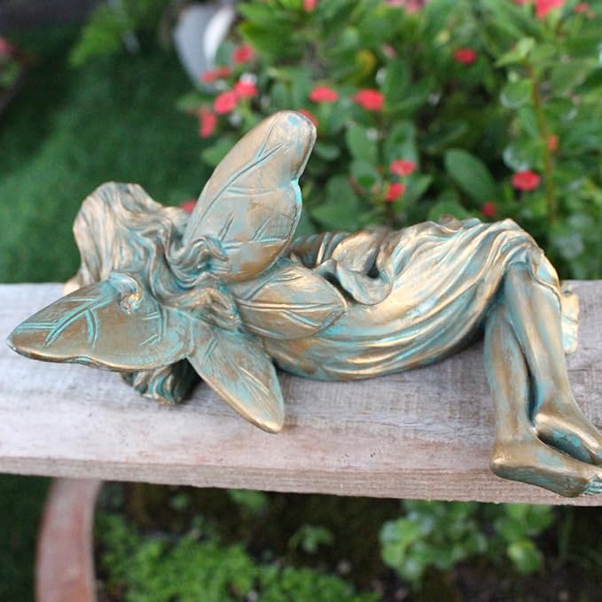 Vintage Bronze Sleeping Fairy Statue Outdoor Garden Decor, 6.1" Resin Angel Figurine Home Shelf Sitter Yard Art Sculpture for Patio Lawn Porch Ornaments