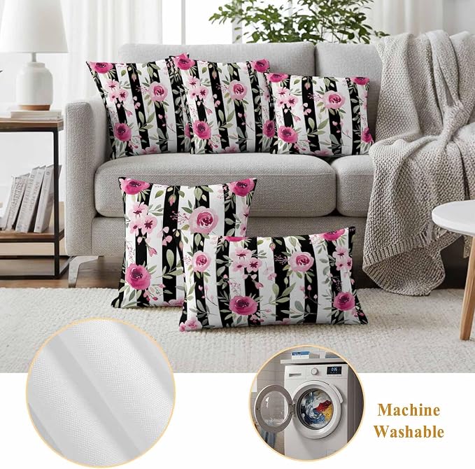 Outdoor Throw Pillow Covers Waterproof Pillow Cases 18x18in Watercolor Pink Floral Decorative Cushion Cases for Couch Sofa Patio Garden 2 Pack Black and White Stripes