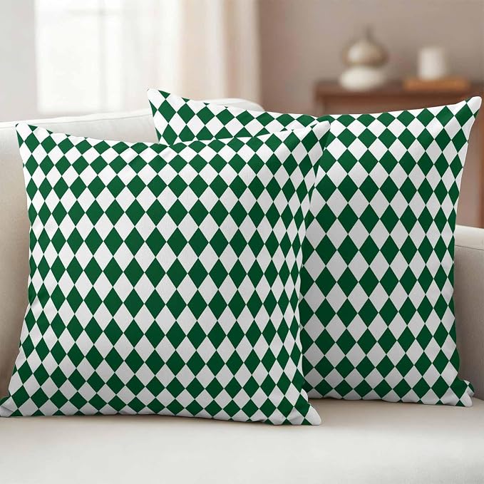 Outdoor Throw Pillow Cover Modern Green White Diamond Waterproof Cushion Covers 2 Pack Minimalist Geometric Plaid Pillow Cases Home Decoration for Patio Garden Couch Sofa