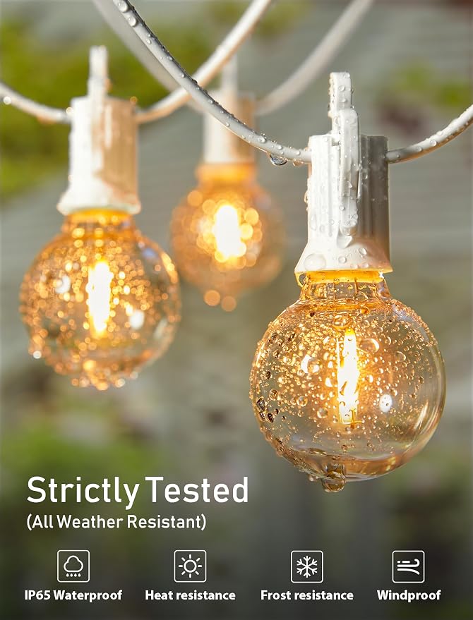 Brightown Outdoor String Lights, 69FT G40 LED IP65 Waterproof Patio Lights | 30 Shatterproof Edison Bulbs, Plug-In, Dimmable, Connectable, Hanging Light for Backyard Porch Party Decorative, White Wire