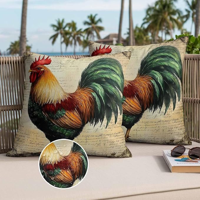 Vintage Rooster Waterproof Outdoor Pillow Covers Set of 2 Home Decor, Retro Farmhouse Country Animal Pillowcase Patio Pillow Covers for Couch Bench Furniture Garden 16x16in