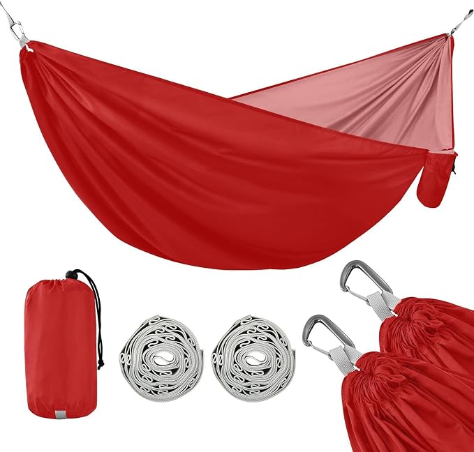 Crimson Red Solid Color Camping Hammock, Portable Lightweight Single Hammock with Tree Straps and Aluminum Carabiners, 114" x 54" Travel Hammock for Hiking Backpacking Beach