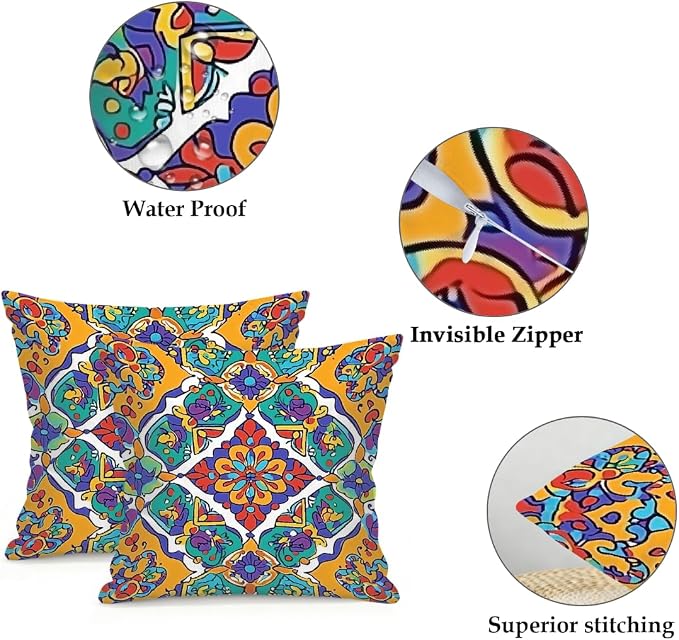 18x18 Inch Outdoor Pillow Covers Set of 2 Waterproof Throw Pillow Covers Decorative Couch Cushion Covers Mexican Floral Square Pillowcases Protectors for Patio Garden Sofa