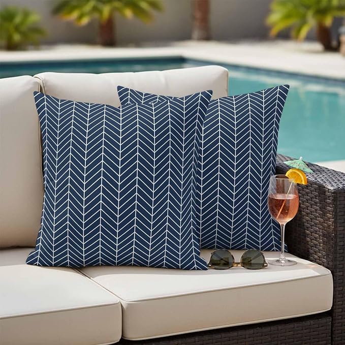 Outdoor Waterproof Throw Pillow Covers Set of 2 Navy Blue Chevron Stripes Pillowcases 20x20 Inches Modern Geometric Texture Decorative Pillows Cushion Case Patio Pillows for Couch Bed Chair Garden