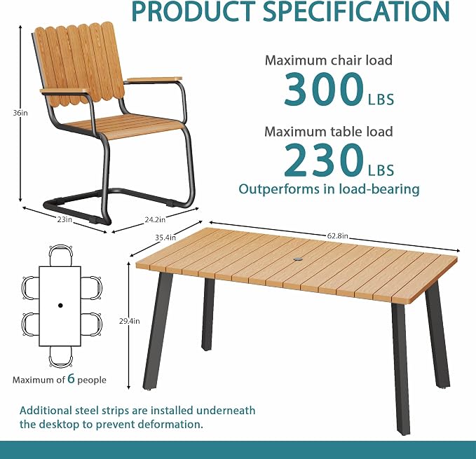 7 Piece Outdoor Conversation Set for 6, HDPE Patio Seating Set with Table and Chairs, All-Weather Outdoor Lounge Furniture with Umbrella Hole for Garden, Porch, Poolside, Gray & Teak