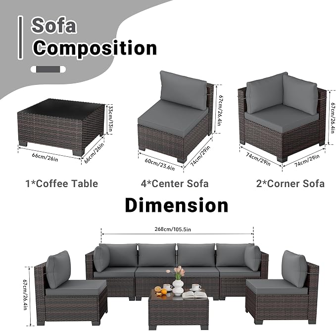 LAFWLL 7 Pieces Outdoor Patio Furniture Sets,Rattan Conversation Sectional Set,Manual Weaving Wicker Patio Sofa with Tea Table