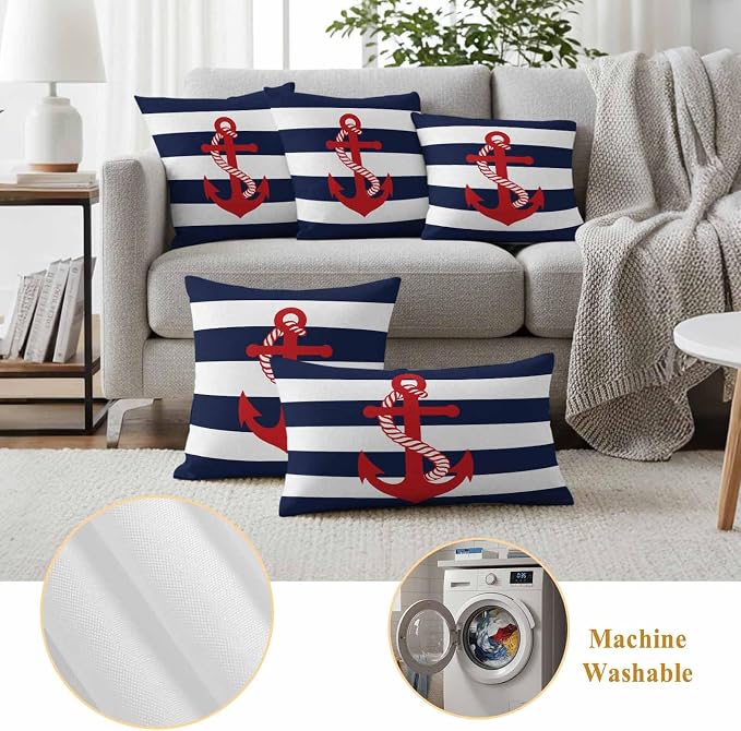 Nautical Anchor Outdoor Waterproof Throw Pillow Covers Set of 2, 16"x16", Coastal Navy Blue Stripe Decorative Pillow Covers Outside Cushion Case for Patio Porch Garden
