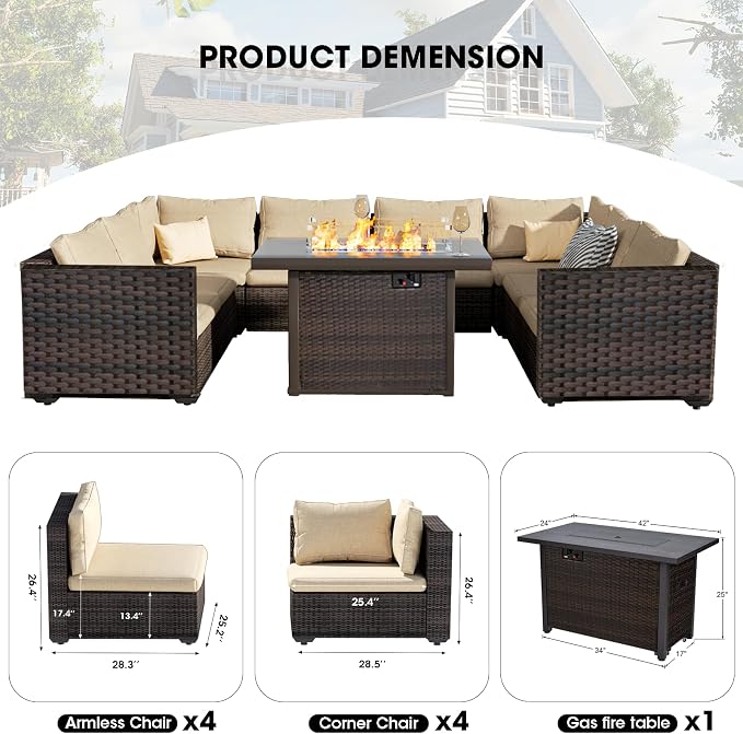 Patio Furniture Set 9 Pieces with 44" Fire Pit Table, Rattan Outdoor Sectional Conversation Sets, All Weather Outdoor Furniture Set with Cushions for Garden Lawn Balcony Porch Deck Beige