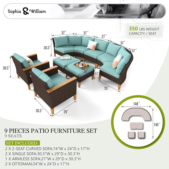 Sophia & William Outdoor Wicker Sectional Sofa Set, 9 Piece Half Moon Curved Patio Furniture Modern Round Outdoor Couch Conversation Set with Ottoman for Backyard, Pool, Garden(Aqua Blue)