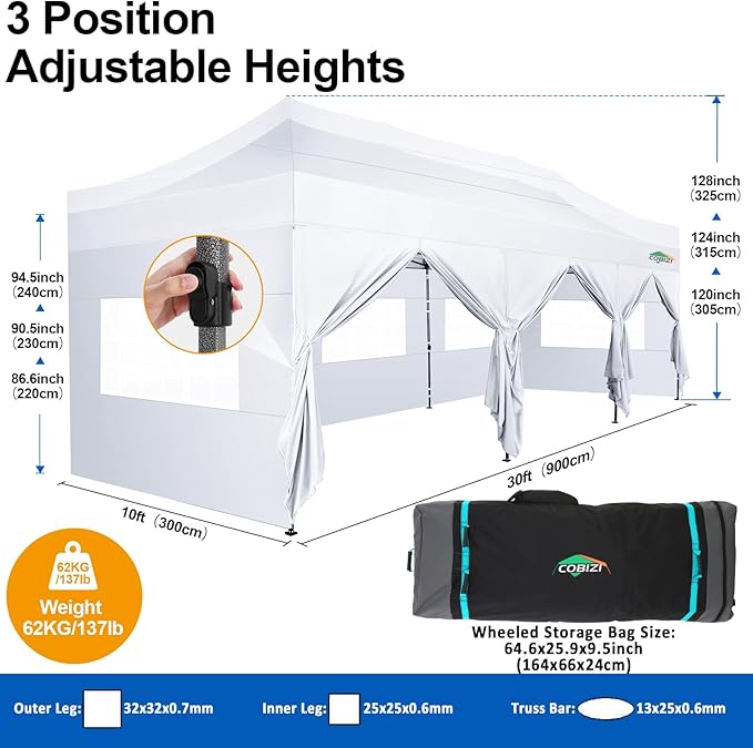 COBIZI 10x30 Pop up Canopy Tent 10x30 Canopy with 8 Sidewalls Waterproof Heavy Duty Commercial Canopy Tent for Parties Outdoor Garden Gazebo, Carry Bag with Wheel(10x30ft, White)