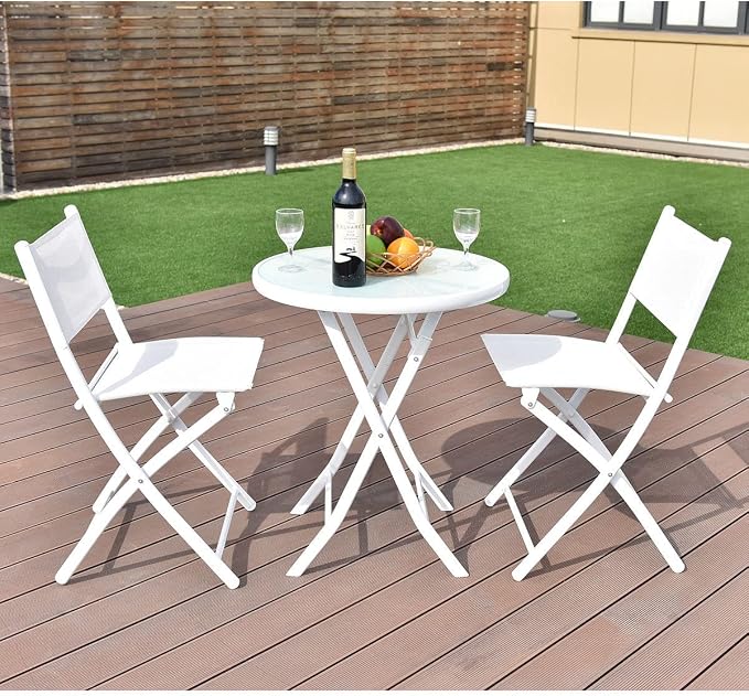 3 PCS Folding Bistro Table Chairs Set Garden Backyard Patio Furniture White Loveseat Coffee Table