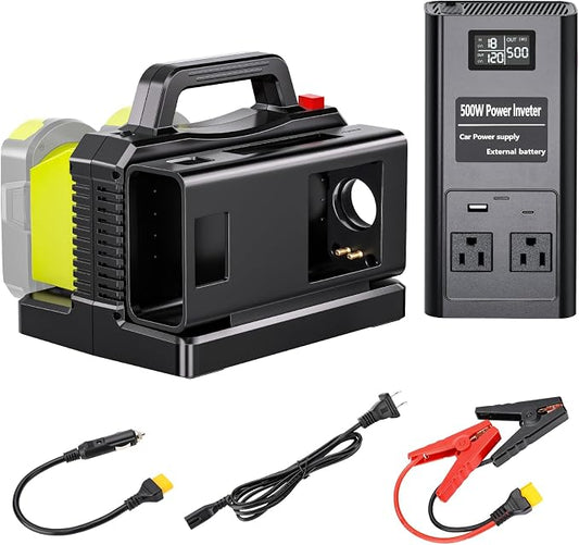 Pure Sine Wave Inverter Compatible with Ryobi 18V Battery, 2 in 1 500W 2 Port Power Inverter Battery Charger Generator DC 20V to AC* 2 Outlets, 120V Car Charger Plug, USB&Type-C (Tool Only)