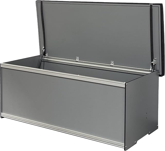 Foreman Waterproof Deck Box - made from Compact Laminate and Anodized Aluminum. Includes a Dark Grey Outdoor Seat Cushion and a Graphite colored All Weather Nylon cover, (Grey)