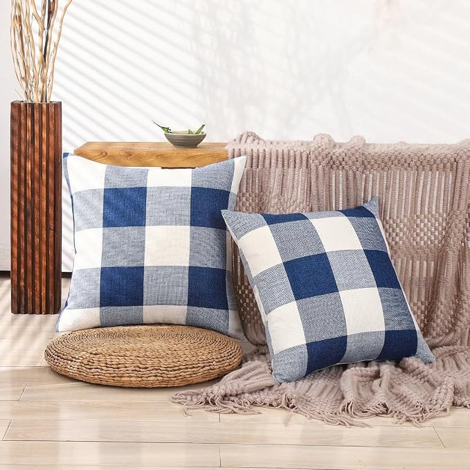 CARRIE HOME Outdoor Navy Blue and White Buffalo Plaid Throw Pillow Covers 18x18 Royal Blue Decorative Farmhouse Throw Pillows 18 x 18 for Bed Room and Couch