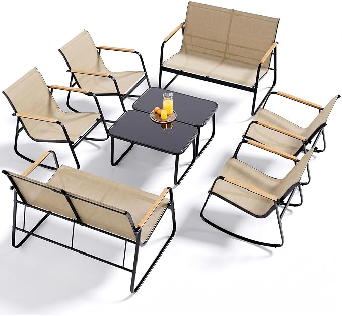 Ahomly 8-Piece Outdoor Patio Furniture Set, Textilene Conversation Set with Rocking Chairs, Loveseat, and Tempered Glass Coffee Table, for Lawn, Garden, Balcony, Poolside (Brown)